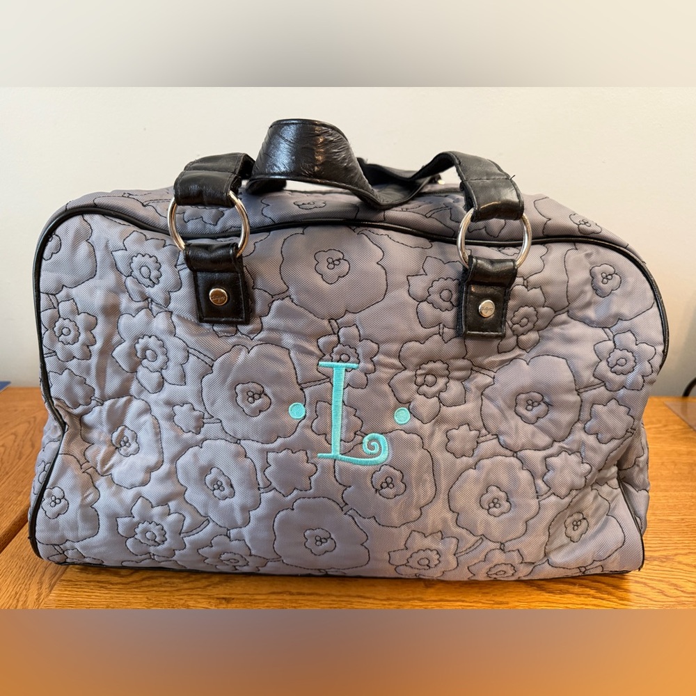 Thirty One City Weekender Bag Grey With Black Flowers Customized Teal L